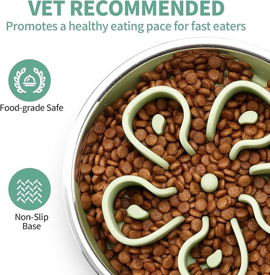 Stainless Steel Slow Feeder Dog Bowl, Bestalk 2-in-1 Metal Dog Bowls with Silicone Slow Feeder Insert for Small, Medium, Large Dogs(Green,1 Cup)
