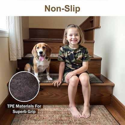 Carpet Stair Treads Non Slip 1PCS, 30" X 30"Edging Stair Runner for Wooden Steps Indoor, Resistant Stair Rugs with Reusable TPE Adhesive Backing, Residue Free Mat for Kids,Pets,Rust & Brown