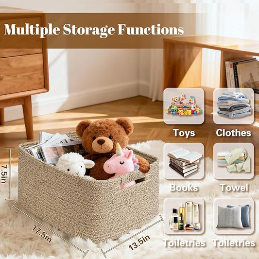 2 Pack Large Storage Basket for Organizing, 17.5"x13"x7" Woven Basket for Shelves, Closet Cube Storage Bins with Wrapped Handle, Cotton Rope Baskets for Kitchen, Clothes, Toys (Natural))