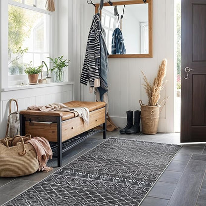 Rug Runners 2x6 Washable - Hallway Runner Rug Moroccan Non Slip Kitchen Runner Low Pile Soft Indoor Floor Mat Front Door for Bedroom Entryway Laundry 2x6 Black