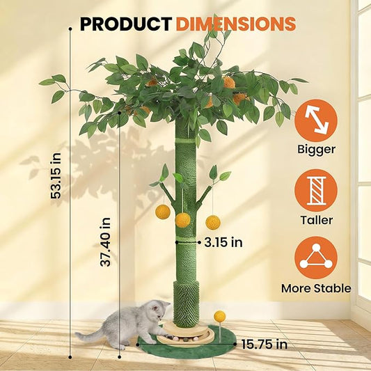 53" Extra Tall Cat Scratching Post for Large Cats, Heavy Duty Vertical Scratcher with Natural Sisal Rope, Stable Climbing Pole with Hanging Ball for Full Body Stretching