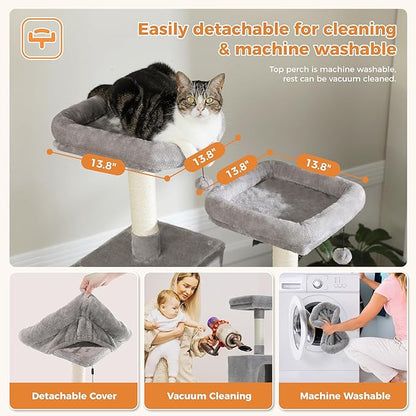 PAWZ Road Large Cat Tower, 70 Inches Tall Cat Tree with 2 Cozy Condos, 2 Plush Perch, Large Basket, 2 Scraching Pad & 6 Scraching Posts for Indoor Cats Adult, Gray
