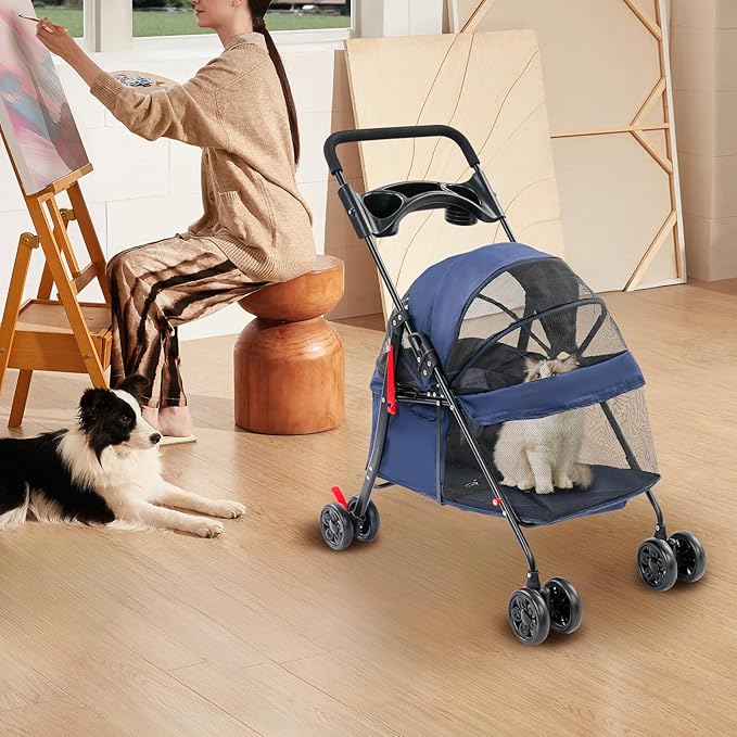 Pet Stroller for Small Medium Dogs Cats, Lightweight Foldable Pet Wagon with 360° Front Wheels & Brake, 40 lbs Capacity Carrier for Park Travel Shopping, Breathable Mesh Basket (Navy Blue)