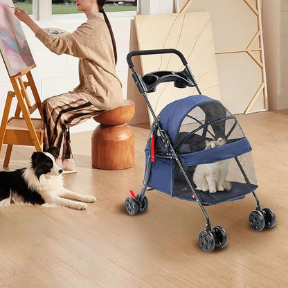 Pet Stroller for Small Medium Dogs Cats, Lightweight Foldable Pet Wagon with 360° Front Wheels & Brake, 40 lbs Capacity Carrier for Park Travel Shopping, Breathable Mesh Basket (Navy Blue)
