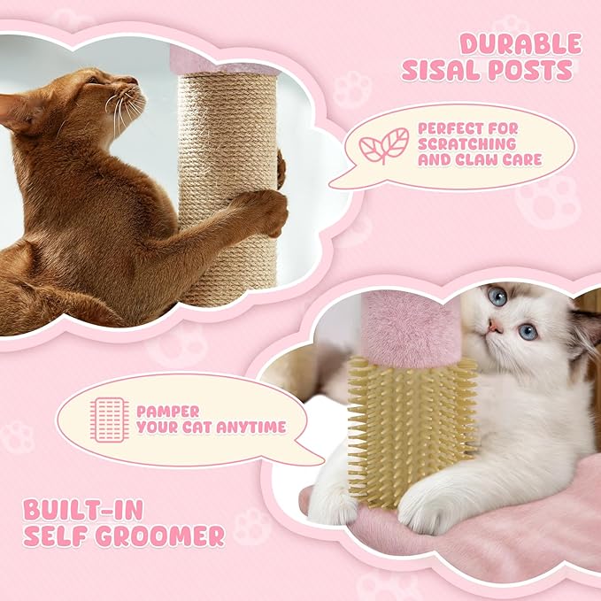 Magshion Cat Tree 60" Cats Tower for Indoor Cats, Multi-Level Cat Condo with Scratching Post, Top Perch, Sisal Board and Dangling Ball, Cat Stand Jumping Platform Kittens Pet Play House (Pink)