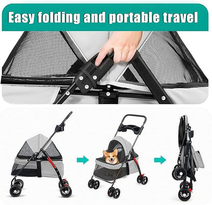 Pet Stroller 4 Wheels Dog Cat Stroller,Outdoor Trave Pet Folding Stroller,Foldable Dog Cat Cage Jogger Stroller with Cup Holder,Breathable and Visible Mesh for Medium Dogs Cats Blue