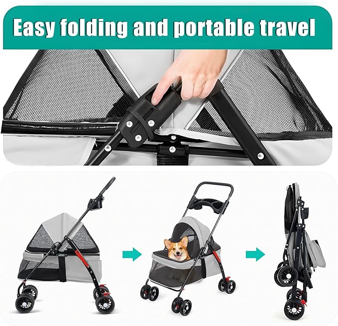 Pet Stroller 4 Wheels Dog Cat Stroller,Outdoor Trave Pet Folding Stroller,Foldable Dog Cat Cage Jogger Stroller with Cup Holder,Breathable and Visible Mesh for Medium Dogs Cats Grey