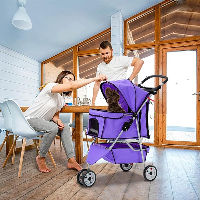 3 Wheels Dog Stroller, Foldable Pet Stroller for Small Medium Dogs, Portable Breathable Cat Stroller Dog Strollers with Storage Basket, Cup Holders, Removable Liner for Travel & Outdoor Use, Purple