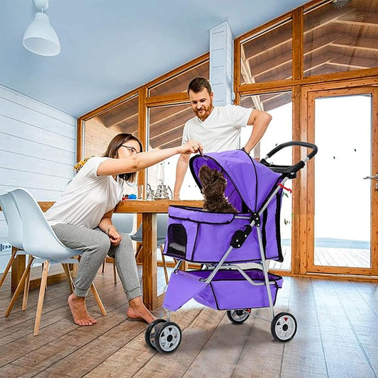 3 Wheels Dog Stroller, Foldable Pet Stroller for Small Medium Dogs, Portable Breathable Cat Stroller Dog Strollers with Storage Basket, Cup Holders, Removable Liner for Travel & Outdoor Use, Purple