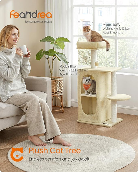Feandrea Cat Tree, Small Cat Tower for Indoor Cats, Plush Cat Caves with Perch, Scratching Posts, for Small Spaces, Kittens, Sand Beige UPCT005Y01
