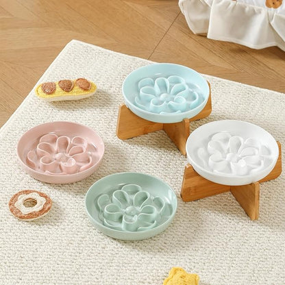 Elevated Slow Feeder Cat Bowl - Melamine Cat Dish with Anti-Slip Bamboo Stand - Whisker Friendly Feeding Bowl - Floral Maze Food Plate for Slow Eating - Pink
