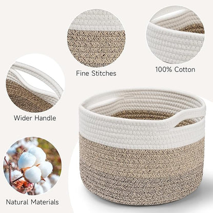 Small Rope Baskets for Storage, Baskets for Gifts Empty, Cute Round Woven Basket, Decorative Shelf Baskets 9.82×9.82×7.1", Cotton Toy Storage Bins for Organizer 3 Packs Mixed Brown