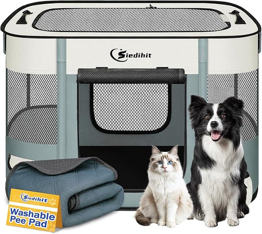 Dog Playpen,Cat Pet Puppy Pen,Portable Playpens for Dogs Indoor Outdoor Travel Camping Use,Foldable Dog Kennel Tent Crate for Rabbit Small Animals with Carrying Case (Grey with Pad, Medium)