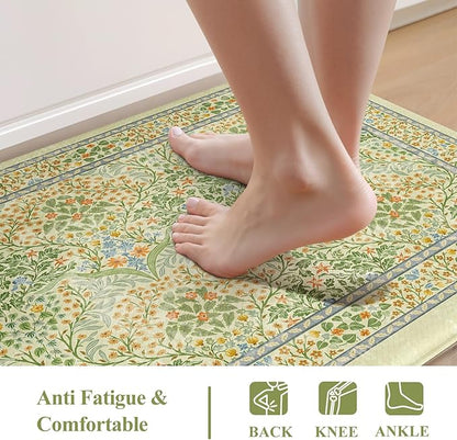 Collive Anti Fatigue Mats for Kitchen Floor, Waterproof Non Skid Kitchen Rugs Sets of 2 Vintage Floral Desk Rug, Foam Comfort Standing Mat for Office, Sink, Laundry, Light Green