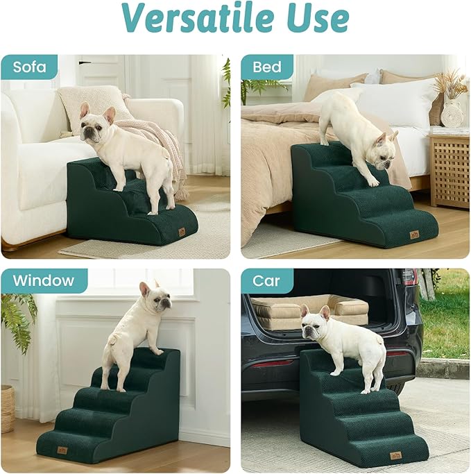 Wide Dog Stairs for Small Dog 15.7" H, Pet Step for Puppy, Older Cat, Curved Ramp for Couch, Durable Anti-Slip Ladder with High Density Foam, 3 Step, 17.7x22.4x15.7 inch, Dark Green