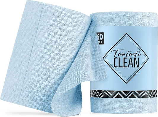 Fantasticlean Microfiber Cleaning Cloth Roll -60 Pack, Tear Away Paperless Towels, 8" x 8", Reusable Washable Rags, for House Kitchen, Pet, Office, Indoor Outdoor, Compact and Portable (Baby Blue)