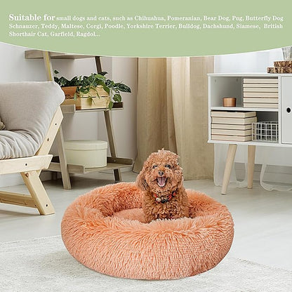 Calming Dog Bed for Small Dogs Cats, Kitty Puppy 23'' Round Anti-Anxiety Warm Fluffy Plush Faux Fur Bed, Soft Anti-Slip Donut Washable Small Pet Bed, Cozy Cat Puppy Bed, Fits up to 30 lbs Pets