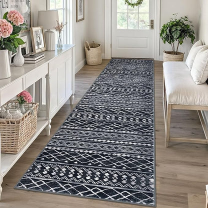 KUTA Moroccan Boho Runner Rug 2.6x10 Non-Slip Vintage Black Washable Hallway Kitchen Rugs Ultra Soft Distressed Geometric Floor Carpet Runners for Bedroom Laundry Living Room