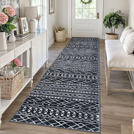 KUTA Moroccan Boho Runner Rug 2.6x10 Non-Slip Vintage Black Washable Hallway Kitchen Rugs Ultra Soft Distressed Geometric Floor Carpet Runners for Bedroom Laundry Living Room