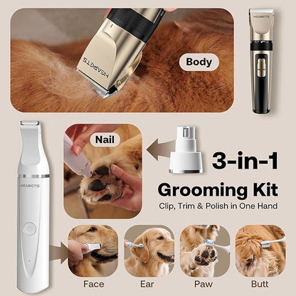 Dog Hair Clippers for Grooming Kit and Dog Paw Trimmer Nail Grinder for Grooming, Low Noise Rechargeable Cordless, Shaver Grooming Supplies for Pet Cats Dogs (Gold, White)