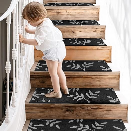 Carpet Stair Treads, Non-Slip Stair Treads for Wooden Steps Indoor, 30”x8” Stair Runner for Pets Non Skid Wood Staircase Step Treads Reusable, Set of 15, Black