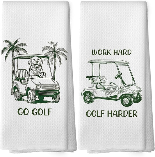 Golf Dog Kitchen Towels - Golden Retriever Dish Towels, Sports Gifts, Pet Golf Club Decorative Absorbent Dishcloths Hand Towels Set of 2 for Gym Spa Kitchen Decor 16x24 Inches