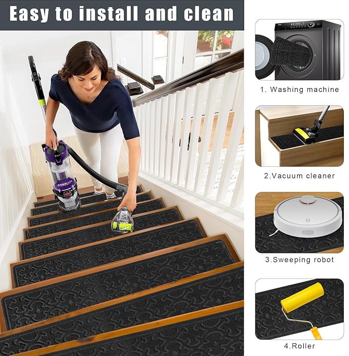 4Pcs Stair Treads for Wooden Steps Indoor with Self Adhesive, 8"x30" Non Slip Stair Runners-Peel & Stick Indoor Stair Carpet Runner, Resistant Indoor Runner for Kids、Elders and Pets,Black