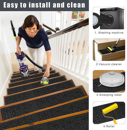 4Pcs Stair Treads for Wooden Steps Indoor with Self Adhesive, 8"x30" Non Slip Stair Runners-Peel & Stick Indoor Stair Carpet Runner, Resistant Indoor Runner for Kids、Elders and Pets,Black