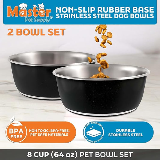 Master Pet Supply Stainless Steel Dog Bowls Set of 2 (64 Oz Each) with Non-Slip Rubber Base - Black Velvet - Basic Dog Food Bowl Water & Food Bowls for Small Medium Large Dogs & Cats, Metal Dish