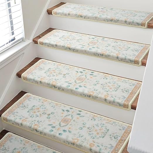 RORA Bullnose Carpet Stair Treads Non-Slip Stair Treads for Wooden Steps,Washable Stair Carpet,Floral Stair Rugs,Runner Indoor Stair Mats for Pets Elder,2pcs,29.5 ''x9.5 ”x1.5 '',Beige