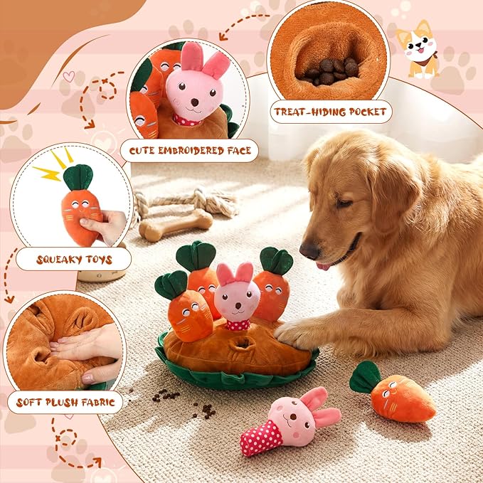 Skylety 7 Pcs Easter Interactive Dog Toys Set, Snuffle Mat for Dogs, Treat Hiding Puzzle and Squeaky Plush, Carrot Bunny Dog Toys for Small Medium Dogs, Training and Boredom Relief Plaything