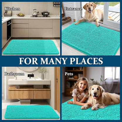 OLANLY Dog Door Mat for Muddy Paws 34x21, Absorbs Moisture and Dirt, Absorbent Non-Slip Washable Doormat, Quick Dry Chenille Mud Mat for Dogs, Entry Indoor Entryway Carpet for Inside Floor, Teal