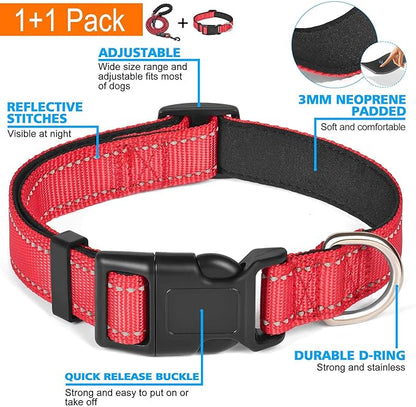 Reflective Dog Collar Padded with Soft Neoprene Breathable Adjustable Nylon Dog Collars for Small Medium Large Dogs (Large (Pack of 1), Red Collar+Leash)