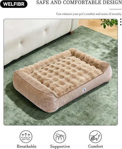 Dog Bed with Shredded Foam Filling, 35" * 25" Calming Pet Sofa with Removable Washable Cover, Soft Faux Fur Bolster Couch for Dogs, Anti-Slip Bottom (Taupe, Small)