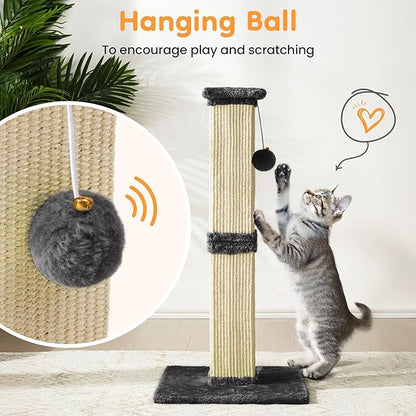 32" Tall Cat Scratching Post, Cat Scratcher with Heavy Duty Thick Wood Base, Cat Tower with Natural Sisal Rope and Hanging Ball, Plant-Like Design Scratching Post, for Small and Adult Kittens, Grey