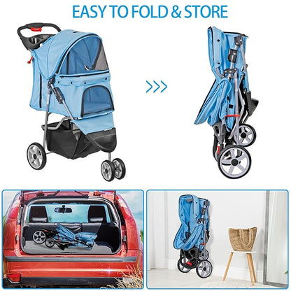 LEMY Pet Stroller,3 Wheels Dog Cat Stroller for Small Medium Dog Cats Carrier Jogger Travel Foldable Puppy with Storage Basket and Cup Holder(Blue)