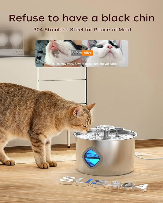 Cat Water Fountain Stainless Steel - 108oz/3.2L Pet Gift Dog Water Dispenser Automatic Silent Cats Dispenser for Drinking Indoor Metal Kitty Spout Fountains with 2 Filters and 2 Sponges