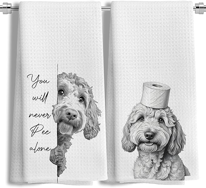 Funny Goldendoodle Dog Hand Towels Set of 2, You Will Never Pee Alone Funny Bathroom Hand Towels, Goldendoodle Gifts, Dog Bathroom Decor, 16x24 Inches