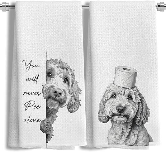 Funny Goldendoodle Dog Hand Towels Set of 2, You Will Never Pee Alone Funny Bathroom Hand Towels, Goldendoodle Gifts, Dog Bathroom Decor, 16x24 Inches