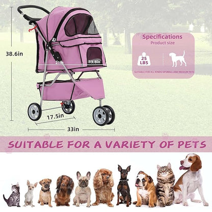 Pet Stroller for Small Medium Dogs & Cats,3-Wheel Breathable Compact Foldable Dog Carrier with Storage Basket, Outdoor Portable Lightweight Travel Stroller for Camping,Pink