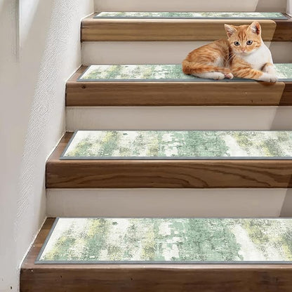 Carpet Stair Treads Non Slip 15PCS, 8" X 30" Edging Stair Runner for Wooden Steps Indoor, Resistant Stair Rugs with Reusable TPE Adhesive Backing, Residue Mat for Elders, Pets, Moss/Ivory