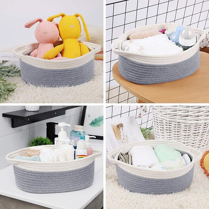 ABenkle Small Basket with Handles, Boho Decorative Rope Woven Dog Cat Toy Storage Bin Shelf Storage Organizer, Easter Christmas Gift Basket, 12"x8"x5", Grey