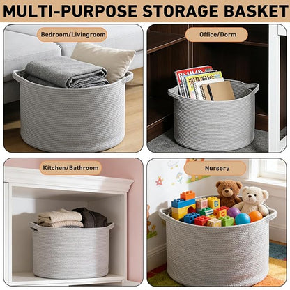 90L Large Blanket Basket,21.7"L x 21.7"W x 13.8"H Rope Woven Baskets with Handles, Toys Storage Bins,Laundry Basket Perfect for Living Room, Nursery,Bedroom,Home Organization,Light Gry