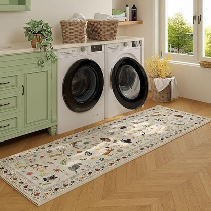 Rugcomf 2x5 Runner Rug - Floral Cat Machine Washable Kitchen Rug, Non-Slip Low Pile Boho Carpet for Hallways, Laundry, Entryway, Bedroom, Bathroom - Beige