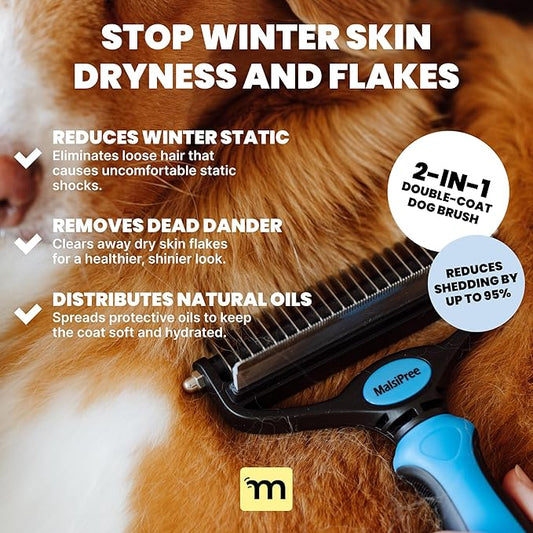 MalsiPree Dog Brush for Shedding - Large, Blue, 2-in-1 - Deshedding Dog Grooming Brush & Undercoat Rake with Dematting Comb for medium to Large Double Coated