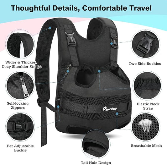 Pawaboo Pet Dog Front Carrier Backpacks, Legs Out Pet Carrier Backpack for Dogs, Adjustable Dog Chest Carriers Purse for Small Medium Dogs Hands Free for Travel Hiking Cycling Camping, L, Black