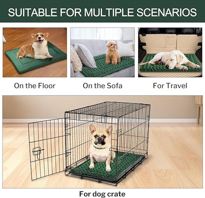 Washable Dog Bed Plush Orthopedic Outdoor Crate Mat with Non-Slip Bottom,Luxe Soft Kennel Pad for Pets,Cozy Cage Cushion & Pet Sleeping Mattress Large Sized,Medium,Small Dogs,30 x 20 inch,Green