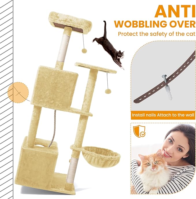 Cat Tree, 54-Inch Cat Tower for Indoor Cats, Soft Plush Multi-Level Climbing Cat Condo with Scratching Posts, Basket, Perches,2 Caves,2 Pompoms Play House for Cat(Beige)