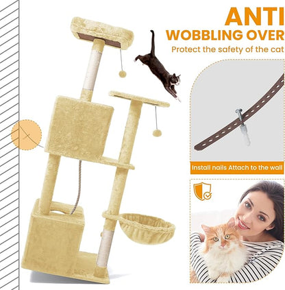 Cat Tree, 54-Inch Cat Tower for Indoor Cats, Soft Plush Multi-Level Climbing Cat Condo with Scratching Posts, Basket, Perches,2 Caves,2 Pompoms Play House for Cat(Beige)