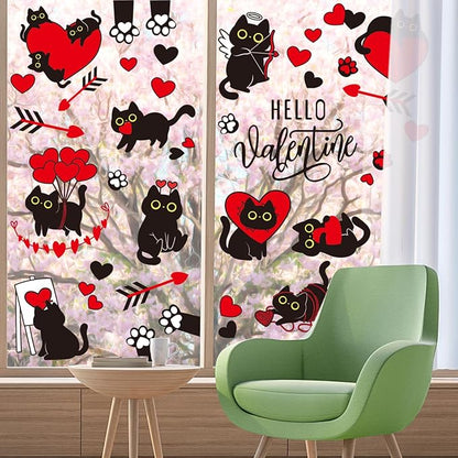 Whaline Valentine Window Clings Window Stickers Double-Sided Black Cat Red Heart Large Glass Decals for Wedding Anniversary Party Decoration, 7 Sheets